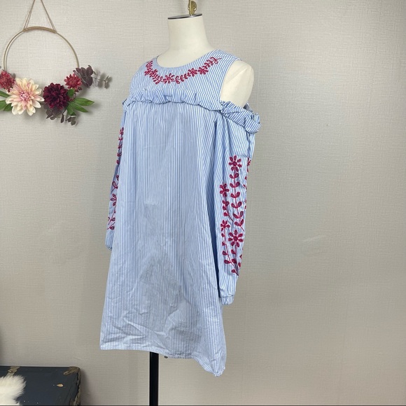 Cupio Women Cold Shoulder Cut Ruffle Trim Blue Stripe Cotton Dress size Medium - Picture 3 of 13